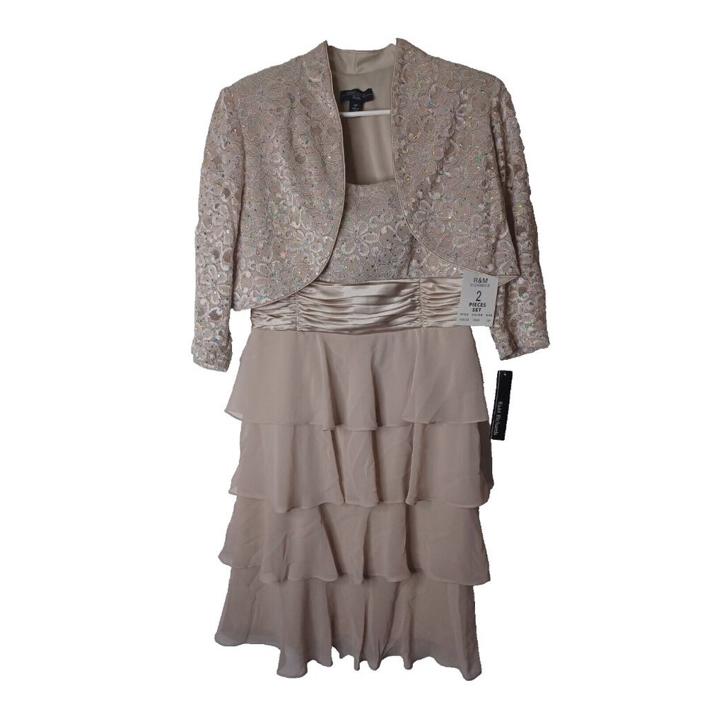 NWT R & M RICHARDS WOMEN'S BEIGE SEQUIN 2 PC DRESS SZ 12 PETITE - Picture 1 of 13